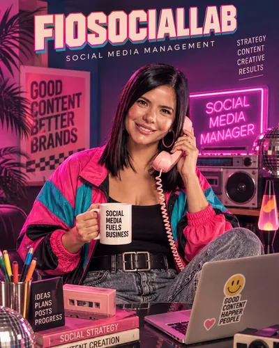 Fiorella in a colorful Fio Social Lab studio set with neon social media signs