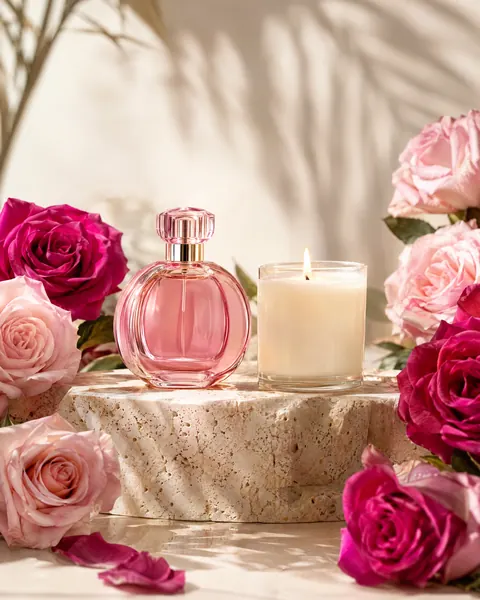 Pink perfume bottle and candle styled with roses for a product shoot