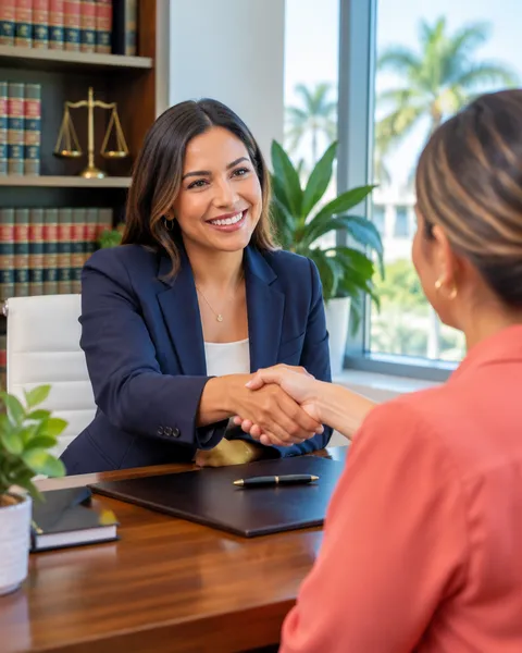 Attorney shaking hands with a client across her desk