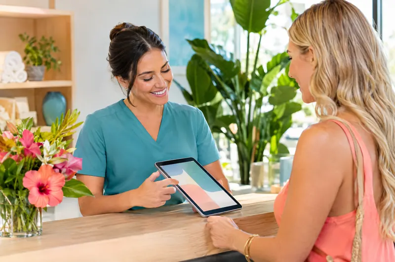 Med spa staff member checking in a client on a tablet