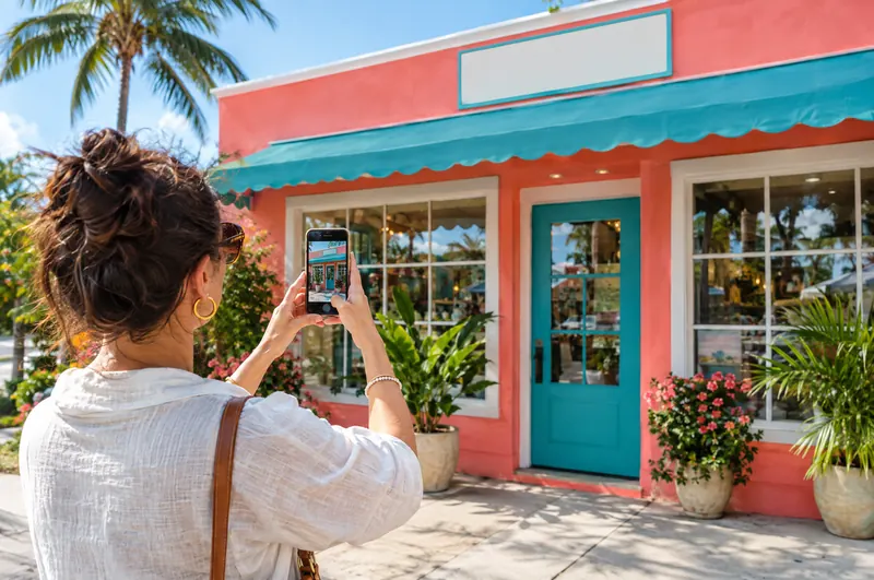 Shop owner photographing her storefront with her phone