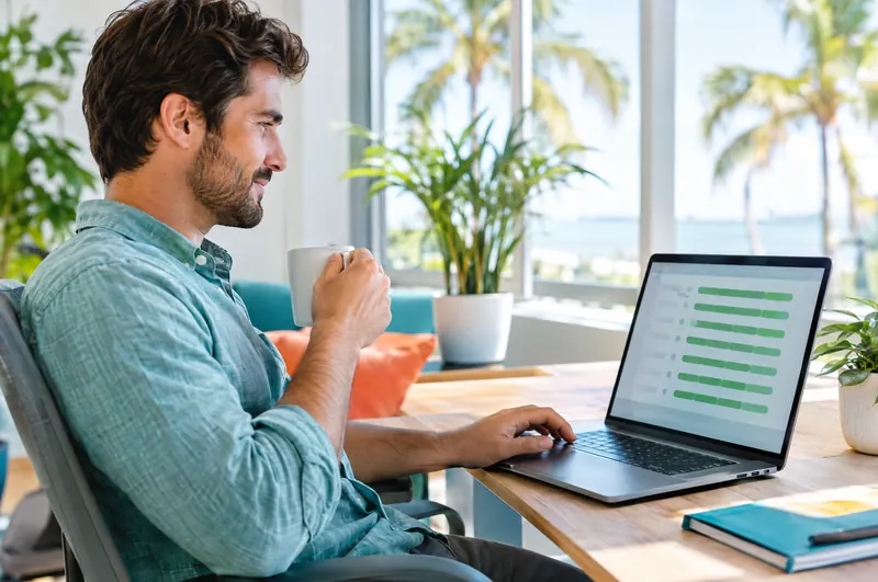 Technician with a coffee checking website status on a laptop