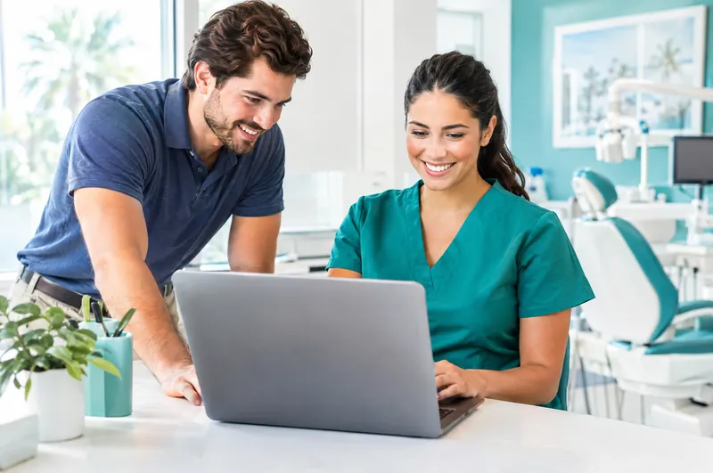IT technician setting up a laptop with a dental assistant