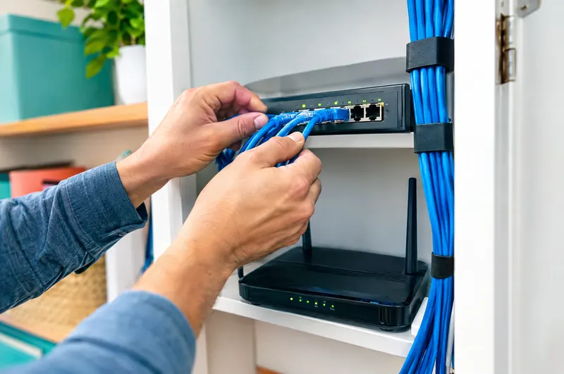 Technician connecting network cables to an office router and switch