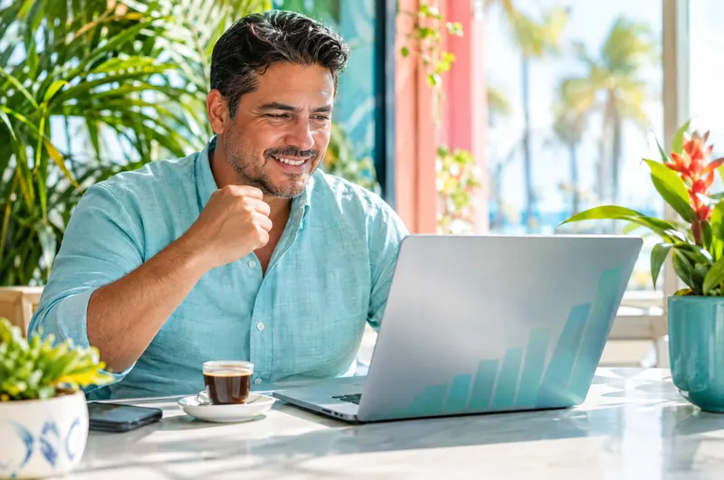 Business owner smiling at rising results on his laptop in a bright cafe